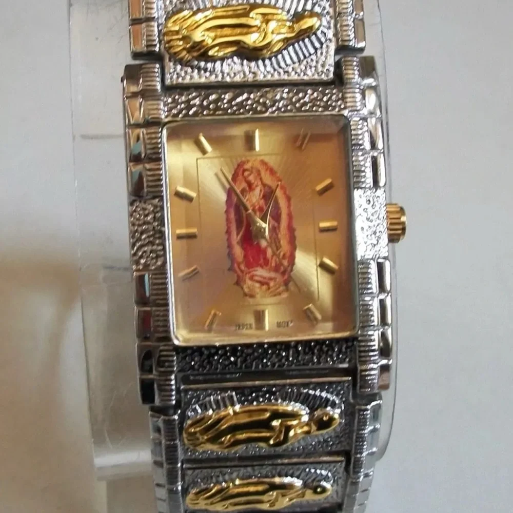 MEN'S SILVER & GOLD FINISH NUGGET STYLE VIRGIN MARY GUADALUPE FASHION WATCH